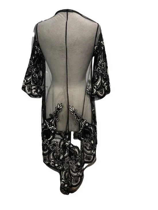 Mechant Sheer Lace Kimono Duster S Black Mesh Embroidered Boho Layer - Picture 4 of 8